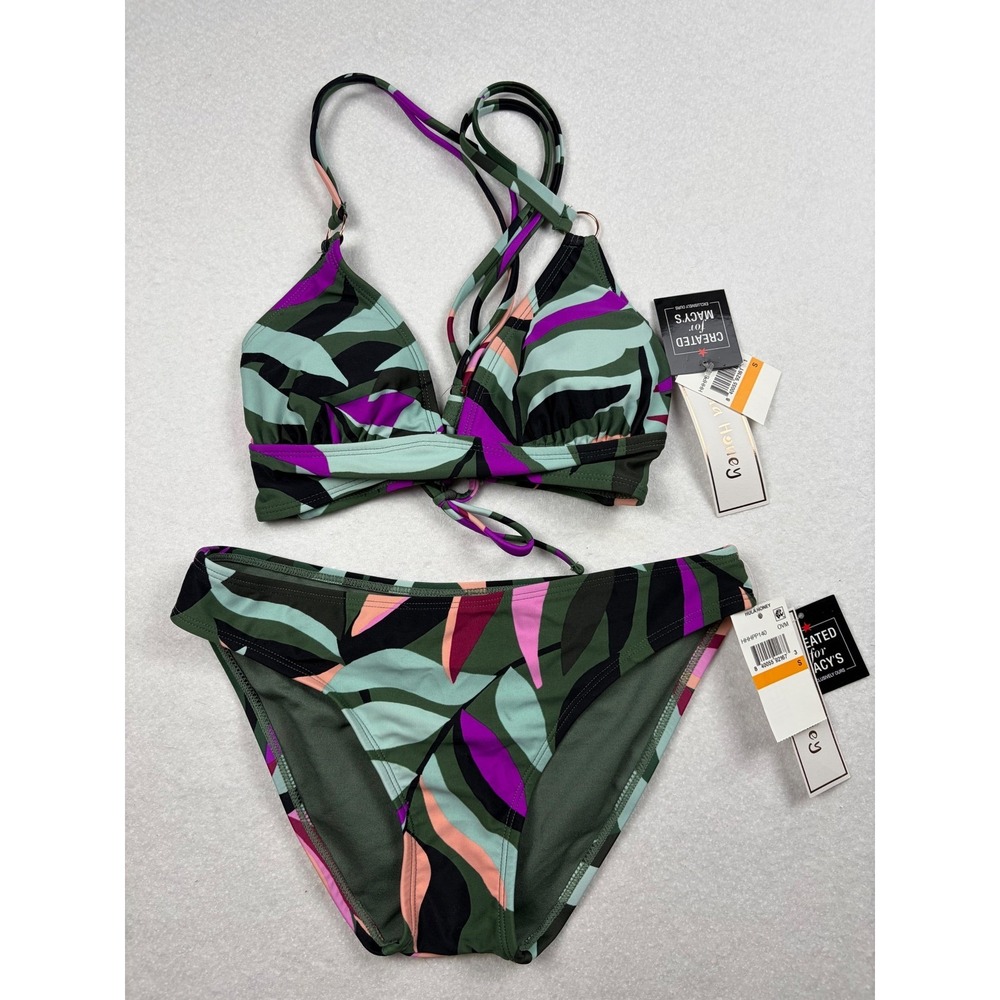 Hula Honey Womens Tropical Leaf Print Bikini Set‎ Green Pink Small HH9PP140